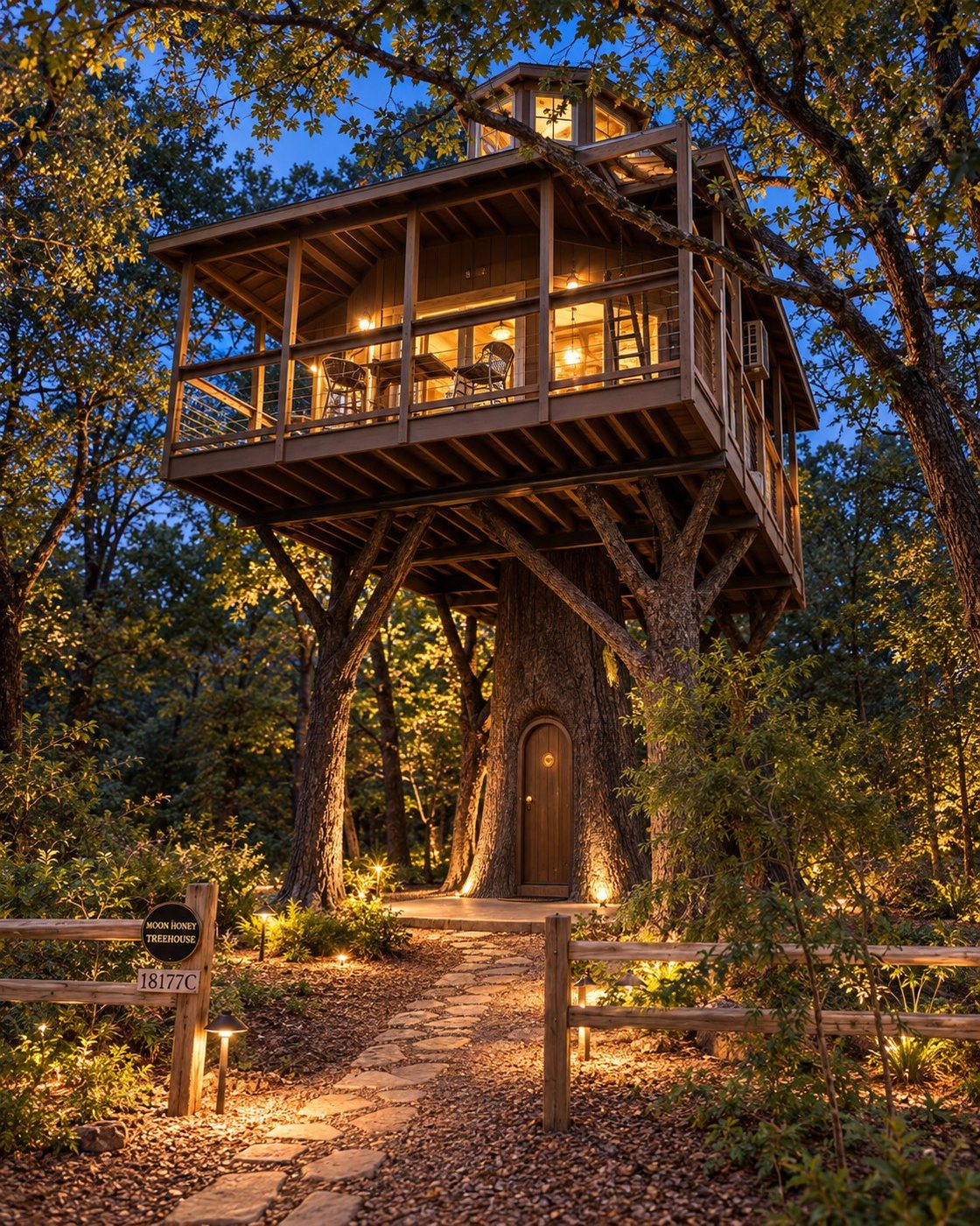 Moon Honey Treehouse glowing at night