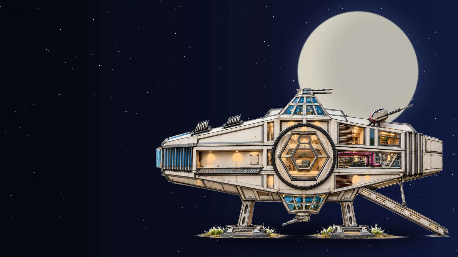 The HAWK 1000 starship in front of a full moon