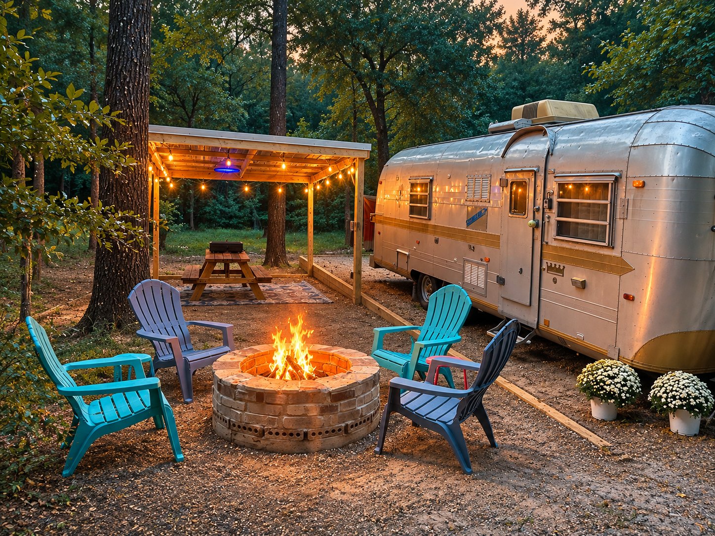 The silver RV beside the fire pit at dusk