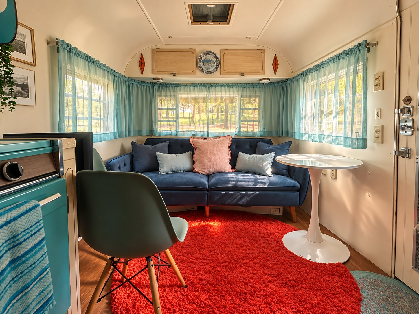 Lounge with a navy couch, tulip table and red rug