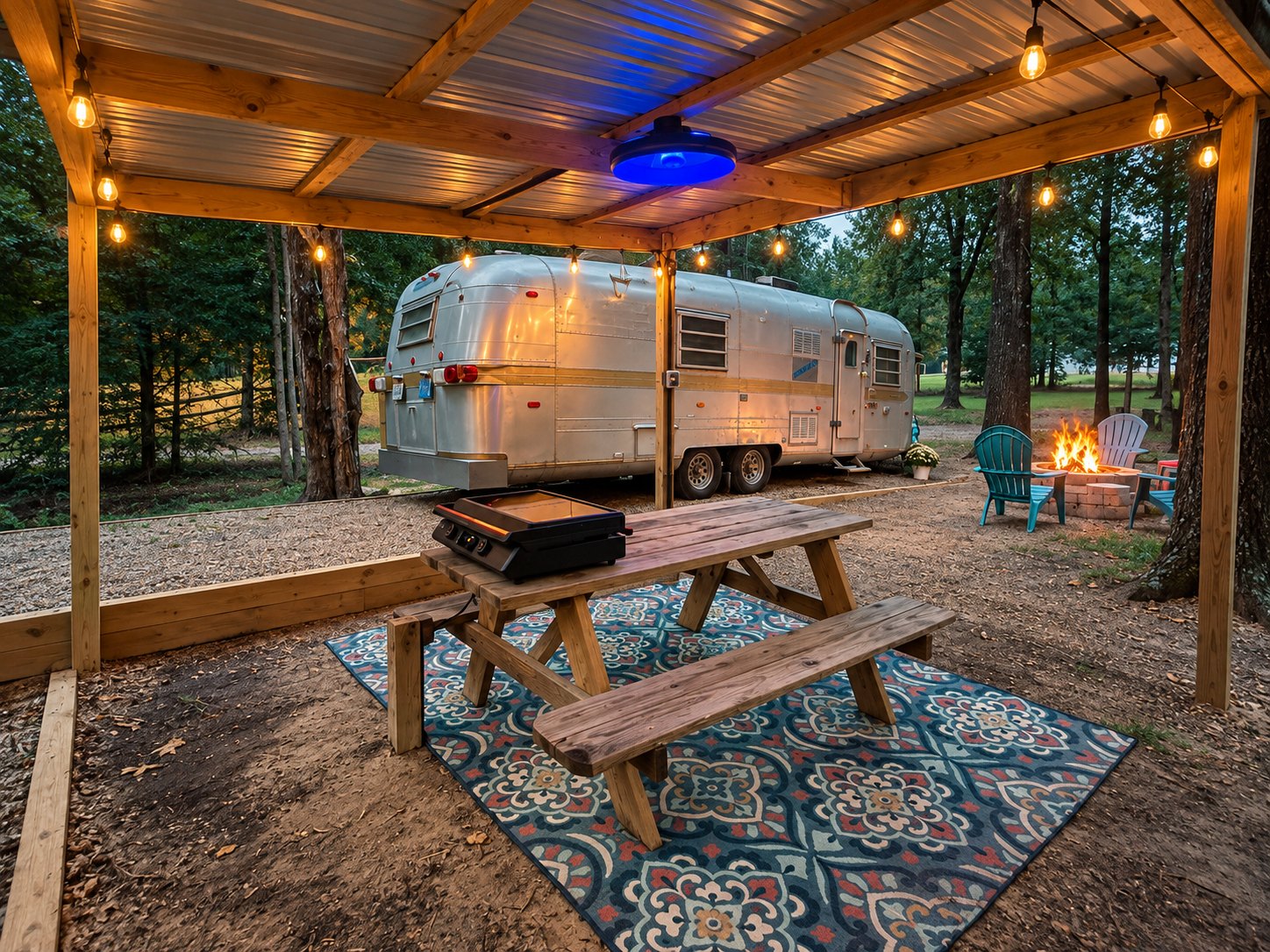 The Countess beside the covered picnic area, string lights glowing